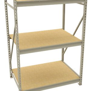 A metal storage rack with three wooden shelves. The design is utilitarian, with perforated steel beams for adjustable shelving. The structure is suitable for garage or warehouse storage, displaying an empty and sturdy appearance.