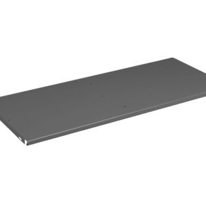Rectangular gray metal shelf viewed at a slight angle against a white background. The shelf has small holes and a smooth surface, designed for storage or organizational use.