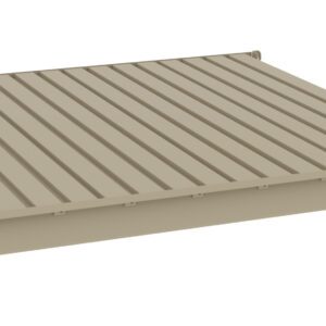 A beige, rectangular, corrugated metal platform with vertical grooves and raised edges on three sides. The platform appears to be elevated and is set against a plain white background.
