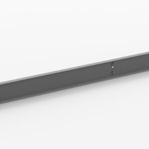 A long, gray metal rail with evenly spaced holes along its length is positioned diagonally against a white background.