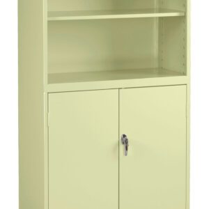 A light green metal storage cabinet with two open shelves at the top and a closed, lockable compartment with two doors at the bottom. The cabinet is set against a plain white background.