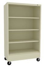 A beige, four-shelf rolling bookcase with black caster wheels. The bookcase is empty, showcasing adjustable shelves within a sturdy, rectangular frame.