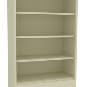 A beige, four-shelf rolling bookcase with black caster wheels. The bookcase is empty, showcasing adjustable shelves within a sturdy, rectangular frame.