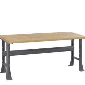 A sturdy workbench with a wooden top and gray metal legs. The design is simple and functional, suitable for a workshop or garage setting. The metal base features a reinforcing crossbar for added stability.