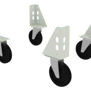 Four metal caster wheels with black tires and light green brackets, shown against a plain white background. Each wheel is mounted on a triangular bracket with circular cutout holes, indicating they are swivel casters for mobility.