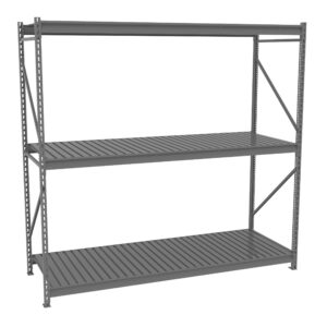 A gray metal storage shelf unit with three slatted shelves. The frame features perforated sides and triangular supports for added stability. The shelves are evenly spaced and appear sturdy, suitable for organizing items in a garage or warehouse.