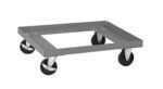 A metal dolly with a square frame and four black swivel casters. The sturdy design allows for easy mobility of heavy items. The dolly is shown on a white background.