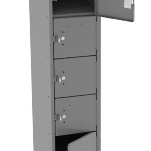 Tall gray metal locker with ten small compartments, each featuring a latch and keyhole. Two compartments are open, revealing empty spaces. The locker is narrow and has a slanted top.
