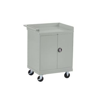 A gray, wheeled metal storage cart with a flat top and two lockable doors at the front. The cart has four casters, two of which have brakes, and a handle on one side for easy maneuvering.
