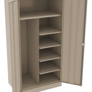 A beige metal storage cabinet with open doors. It features multiple shelves on the right side and a taller, open space on the left. The cabinet is designed for organizing and storing various items efficiently.