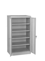 A gray metal storage cabinet with two open doors and five adjustable shelves. The cabinet includes a locking mechanism with keys hanging from the keyholes on each door.