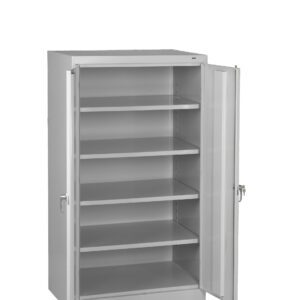 A gray metal storage cabinet with two open doors and five adjustable shelves. The cabinet includes a locking mechanism with keys hanging from the keyholes on each door.