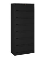 A tall, black, six-drawer filing cabinet with a lock at the top. The cabinet features sleek, modern lines and recessed handles on each drawer.