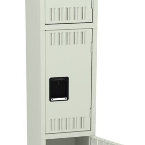 A vertical beige metal locker with two closed compartments and one open compartment at the bottom. Each compartment has a black handle and vented slots.
