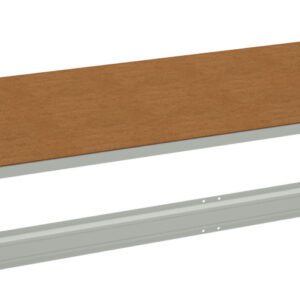 Illustration of a disassembled shelf unit with a rectangular brown surface and four gray metal brackets, arranged to show assembly.