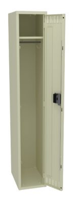 A tall, beige metal locker with an open door reveals an empty interior. Inside, there is a single shelf at the top and a clothing rod. The locker has a vented door with a black lock.