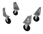 Four black caster wheels attached to angular gray metal brackets with multiple holes, arranged in a dynamic, floating layout against a white background.