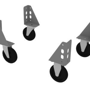 Four black caster wheels attached to angular gray metal brackets with multiple holes, arranged in a dynamic, floating layout against a white background.