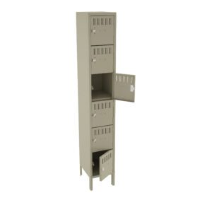 A tall, beige metal locker with six compartments, placed against a white background. Each compartment has a vented door, and two of them are open, showing the interior space. The locker stands on four sturdy legs.