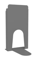 Gray, freestanding rectangular display stand with a curved cut-out near the base. It has a wide, stable support at the bottom, suitable for holding brochures or small signage.