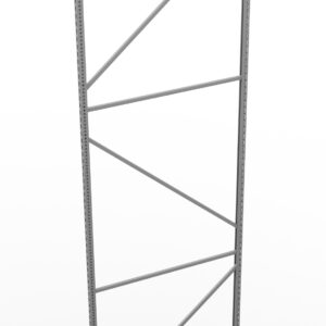 A tall, metal shelving frame with vertical posts and diagonal crossbars. The frame stands on a white background, showing its sturdy structure for supporting shelves.