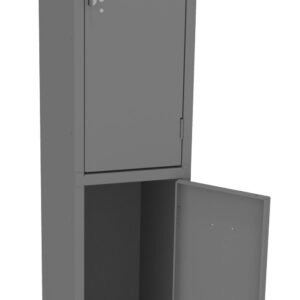 A tall, gray metal locker with two compartments. The upper compartment door is closed, while the lower compartment door is open, revealing an empty interior. The locker has simple hinges and a latch mechanism.