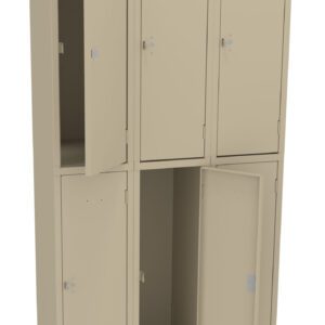 Image of a beige metal locker system with six compartments arranged in two rows of three. Some locker doors are open, revealing empty interiors, while others are closed. Each locker has a small handle and a lock mechanism.