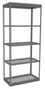 A tall, gray Tennsco Q Line Shelving unit features five perforated shelves. Its frame has angled supports, and the spacious shelves are ideal for storage. Set against a plain white background, this unit exemplifies functional design.