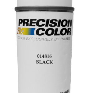 A can of Precision Color spray paint with a white cap and label. The label includes text stating Color Exclusively by Raabe, 014816 Black, and warnings about flammability and vapor dangers. Net weight is 4.5 oz/127 g.