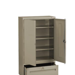 A beige metal storage cabinet with four interior shelves and an open door, revealing empty space inside. Below, a partially open drawer with a lock is visible, set against a plain white background.