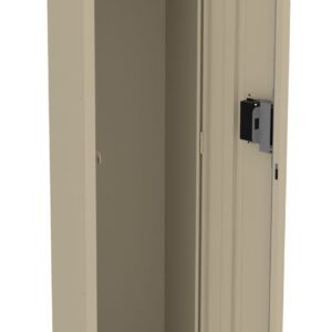 Open beige metal locker with vented door, single shelf, and hook inside. The locker stands on four legs and has a lockable handle.