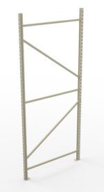 A tall metal shelving unit frame with a light gray finish. It features multiple horizontal and diagonal supports, with perforated vertical beams for adjustable shelving options. The unit is isolated against a white background.