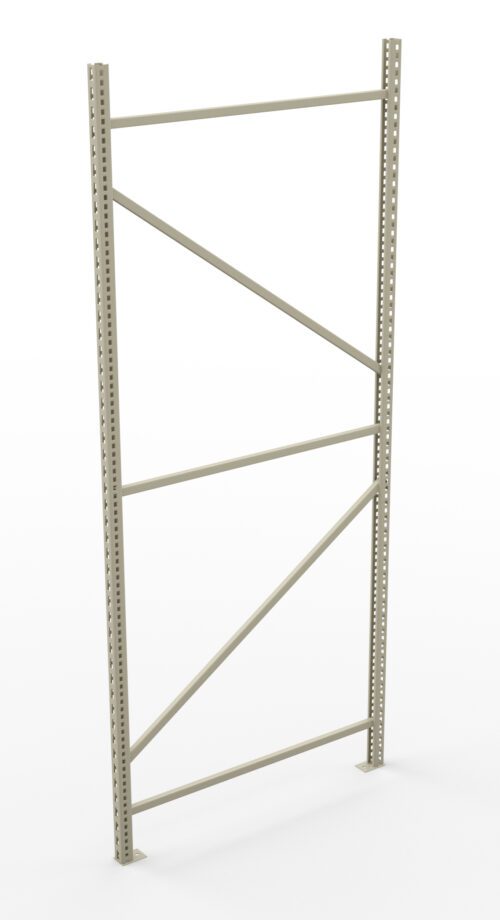 A tall metal shelving unit frame with a light gray finish. It features multiple horizontal and diagonal supports, with perforated vertical beams for adjustable shelving options. The unit is isolated against a white background.