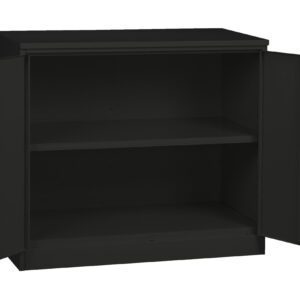 A black metal cabinet with two open doors revealing an empty interior. The cabinet has one adjustable shelf and is designed for storage purposes.