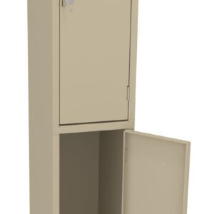 Tall beige storage cabinet with two vertical compartments. The lower door is open, revealing an empty space inside, while the upper door remains closed. The cabinet has a simple, functional design.