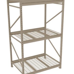 A beige, three-tier metal storage rack stands against a white background. Each level has a wire mesh surface, supported by sturdy vertical and horizontal beams. The structure appears industrial and is suitable for heavy-duty storage.