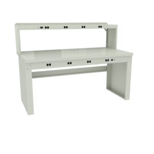 A white industrial workbench with a smooth surface and a raised back shelf. It has several power outlet access points along the top and front edges. The design is functional, suitable for technical or laboratory work.