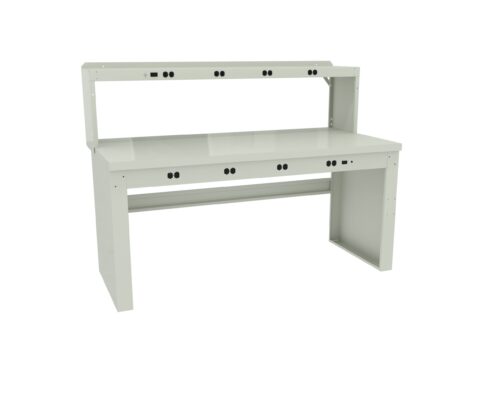A white industrial workbench with a smooth surface and a raised back shelf. It has several power outlet access points along the top and front edges. The design is functional, suitable for technical or laboratory work.