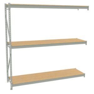 A metal shelving unit with three wooden shelves. The frame is light gray and the shelves are rectangular and evenly spaced. The top shelf is slightly out of alignment, giving the unit an asymmetrical look.