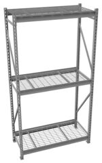 A gray metal shelving unit with three wire grid shelves, supported by vertical and diagonal beams. It is empty and designed for storage, with an industrial appearance, suitable for garages, warehouses, or workshops.