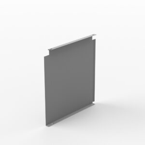 A rectangular, flat, gray metal panel with tabs or extensions on the top and bottom edges stands upright against a plain white background. The panel appears industrial or mechanical in design.