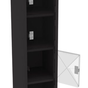 Tall black storage cabinet with six vertical compartments and a partially open transparent door on one section. The interior is empty, and each compartment has its own door latch.