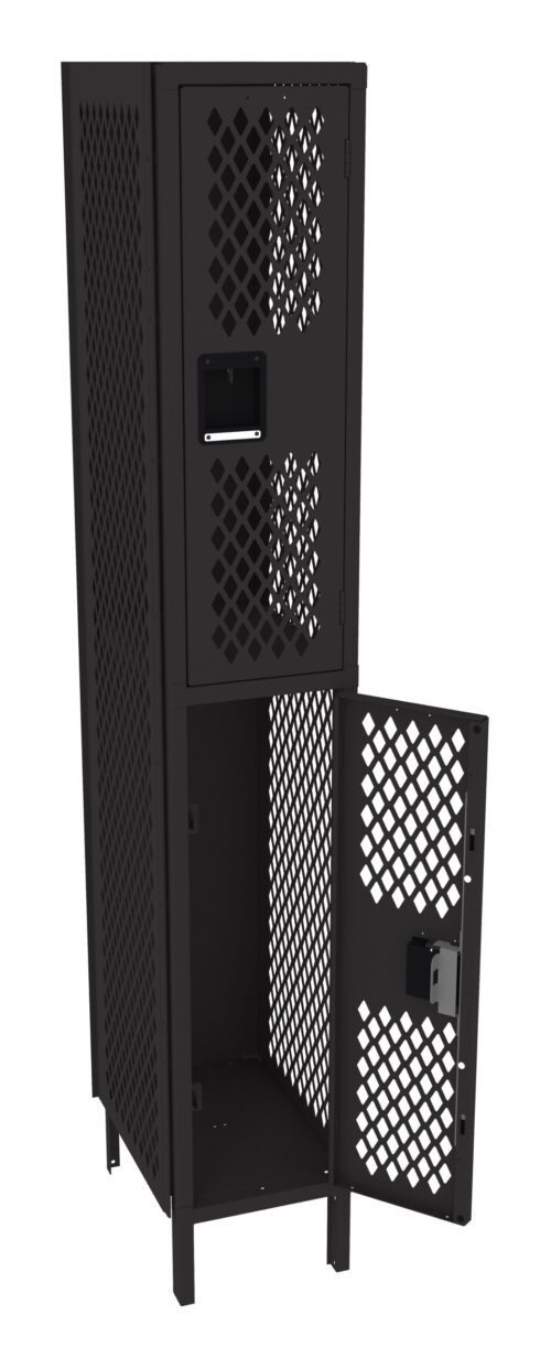 A tall black metal locker with a mesh design. It features two compartments: an upper closed compartment and a larger lower compartment with its door open, revealing the interior space. Both sections have handles and vented doors.