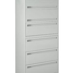 A tall, light gray metal filing cabinet with five horizontal drawers, each having a handle. The top drawer has a lock. The cabinet is standing on a white background.