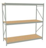 A metal shelving unit with three wooden shelves, designed for storage. The frame is light gray, featuring diagonal supports on the sides for added stability. The design is minimalist and suitable for a garage or warehouse setting.