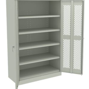 A gray metal storage cabinet with perforated doors is open, revealing five empty shelves. The cabinet has a sleek handle on the left door and a plain design.