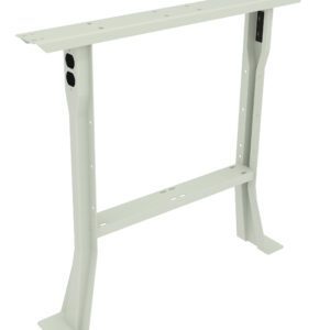 A metal table leg frame with a rectangular top support and two angled legs. The frame is painted in a light grey color and features screw holes for assembly, with two circular cutouts on the sides for cables or wires.