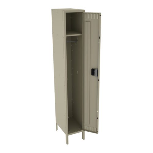 kd3zq51yohv5oyxlmd0y.jpg A tall, beige metal locker with a partially open door, revealing an interior shelf and a hanging rod. The locker stands on four legs, with a black latch on the door for securing it.
