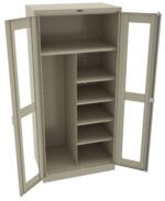 A metal storage cabinet with open double glass doors. It has multiple shelves on the right and a vertical divider on the left. The cabinet is beige and is designed for organizing items.
