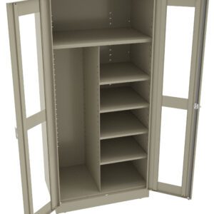 A metal storage cabinet with open double glass doors. It has multiple shelves on the right and a vertical divider on the left. The cabinet is beige and is designed for organizing items.